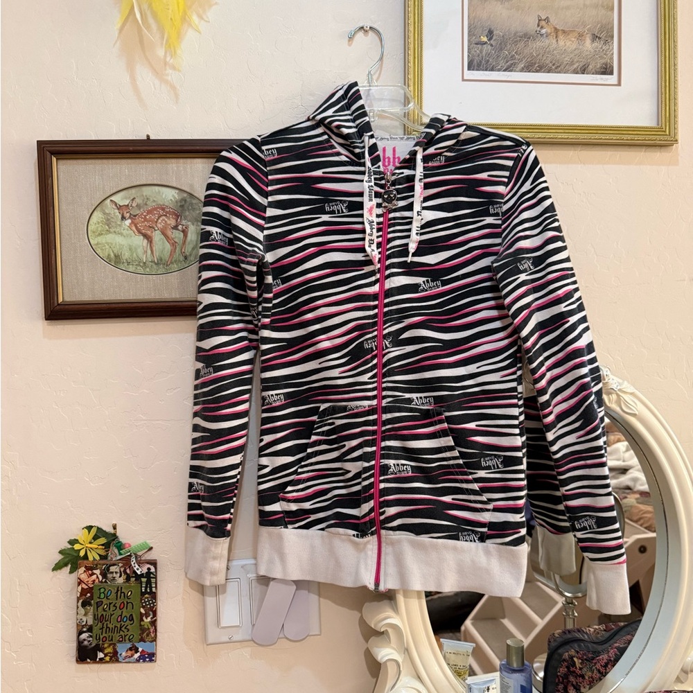RARE Abbey Dawn Zebra White Black Pink Scene Y2K Hoodie Size medium